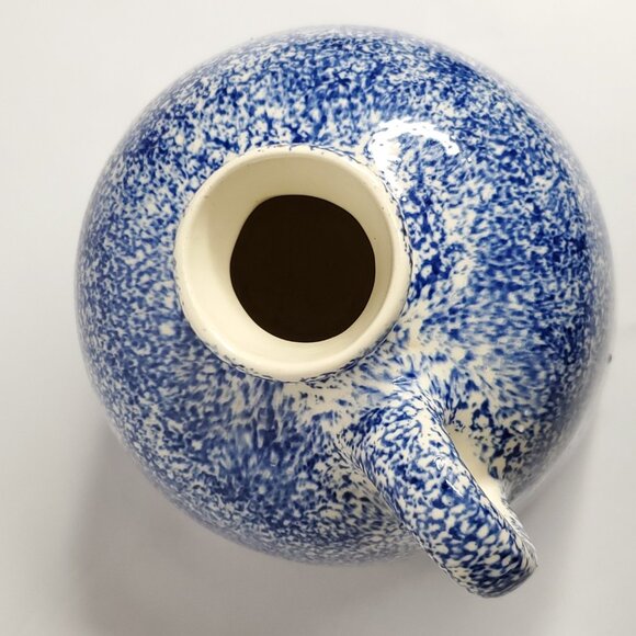 Flat Earth Pottery Sponge Ware Glaze Jug Pitcher Spongeware Blue Signed - Picture 5 of 7